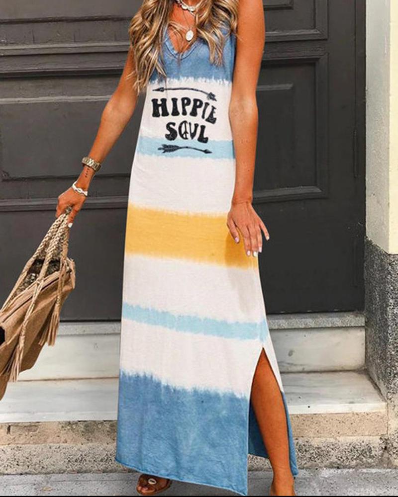 

V-neck Letter Print Tie Dye Striped Maxi Dress