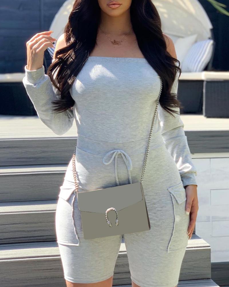 

Off Shoulder Side Pocket Romper, Gray