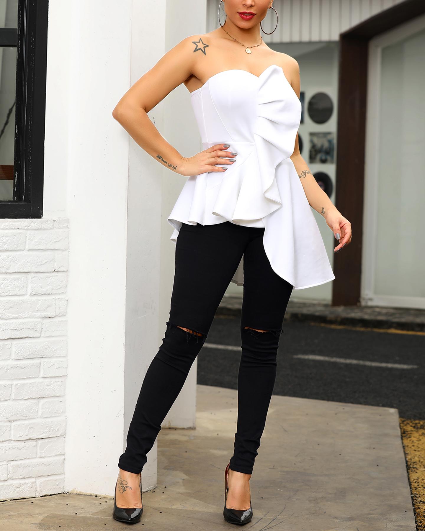

Tube Irregular Ruffles Hem Blouse, White