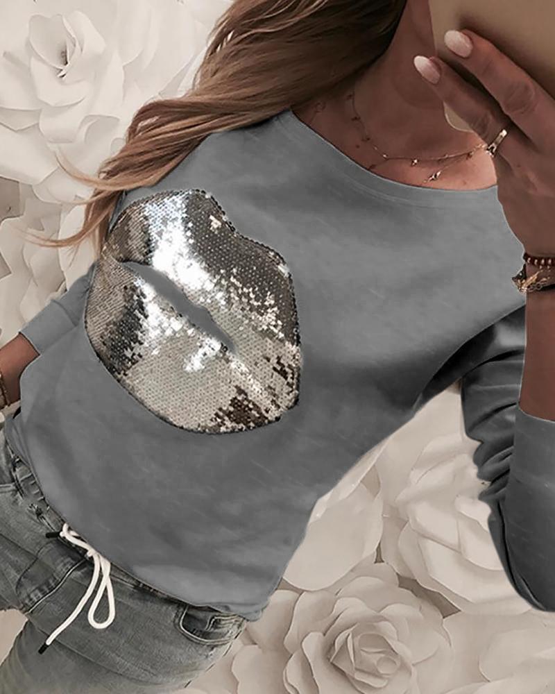 

Sequins Lips Design Casual Sweatshirt, Gray