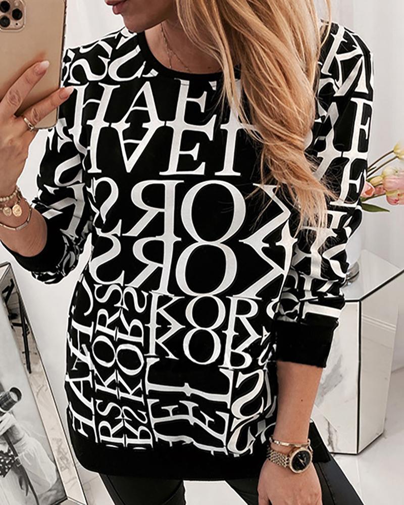 

Round Neck Letter Print Long Sleeve Casual Blouse, Black