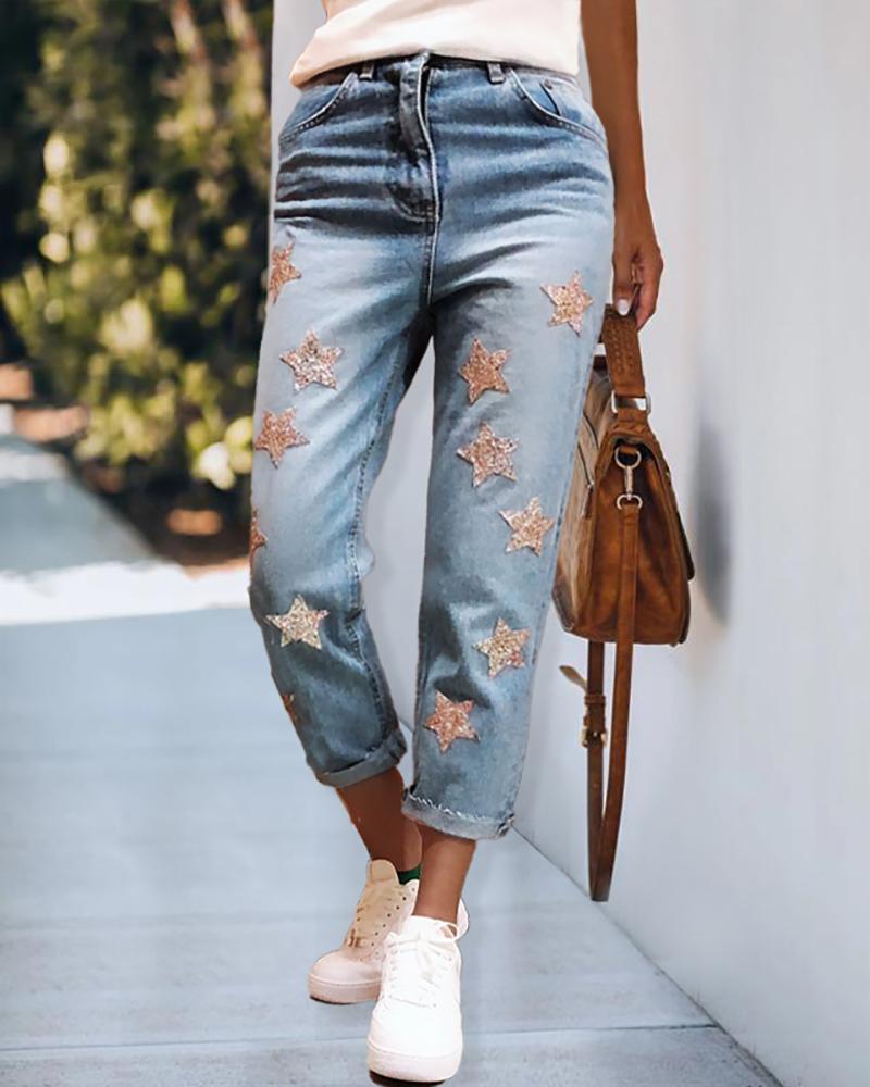 

Star Pattern Zipper Design Denim Pants, Light blue