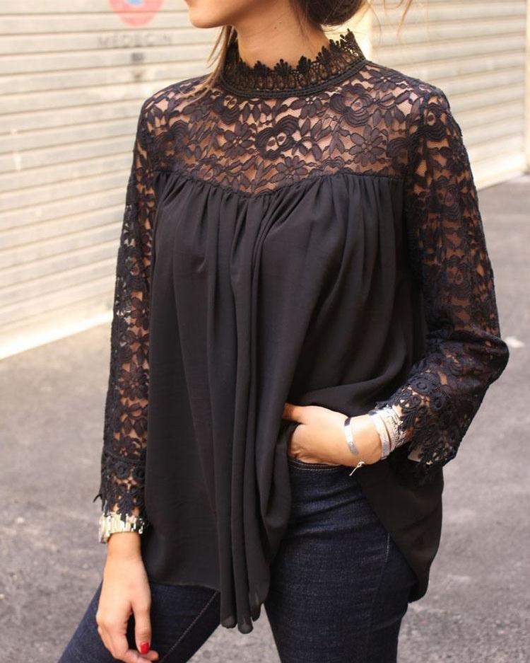 

Lace Crochet Splicing Keyhole Back Blouse, Black