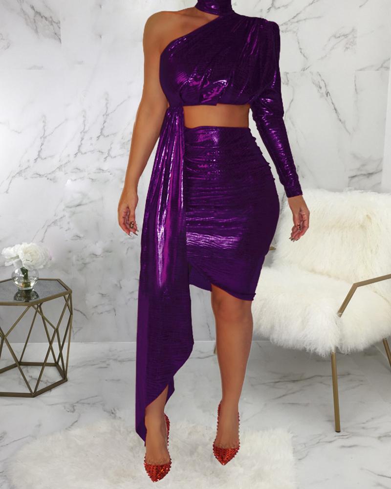 

Coated One Shoulder Top & Skirt Sets, Purple