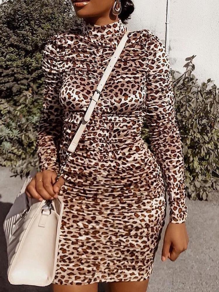 

Leopard Print Scrunched Mini Dress, Brown
