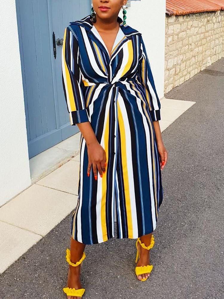 

Colorful Striped Twisted Front Shirt Dress