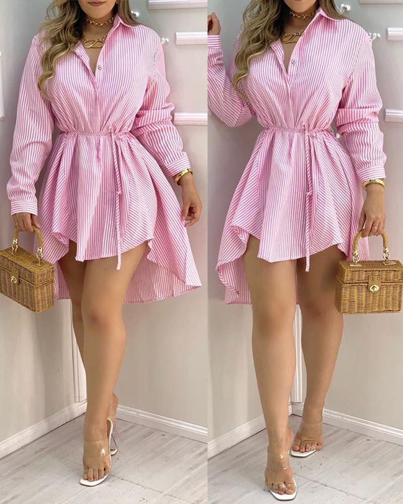 

Striped Button Design Long Sleeve Shirt Dress, Pink