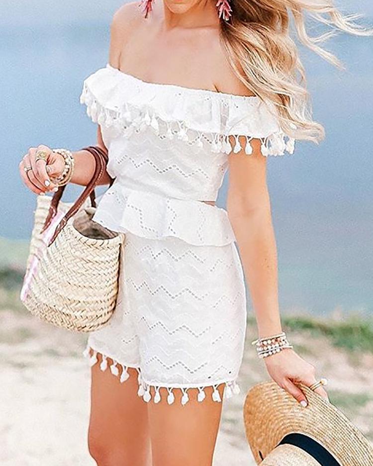 

Hollow Out Lace Pom Poms Peplum Playsuit