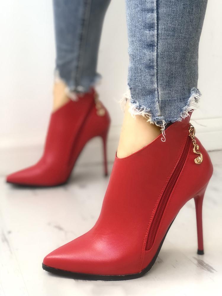 

Solid Zipper Design Pointed Toe Thin Heels, Red