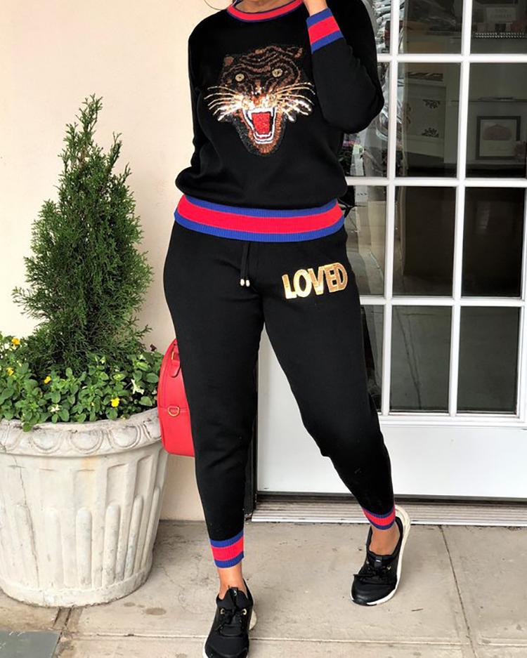 

Sequins Tiger Pattern Striped Tape Tracksuit, Black