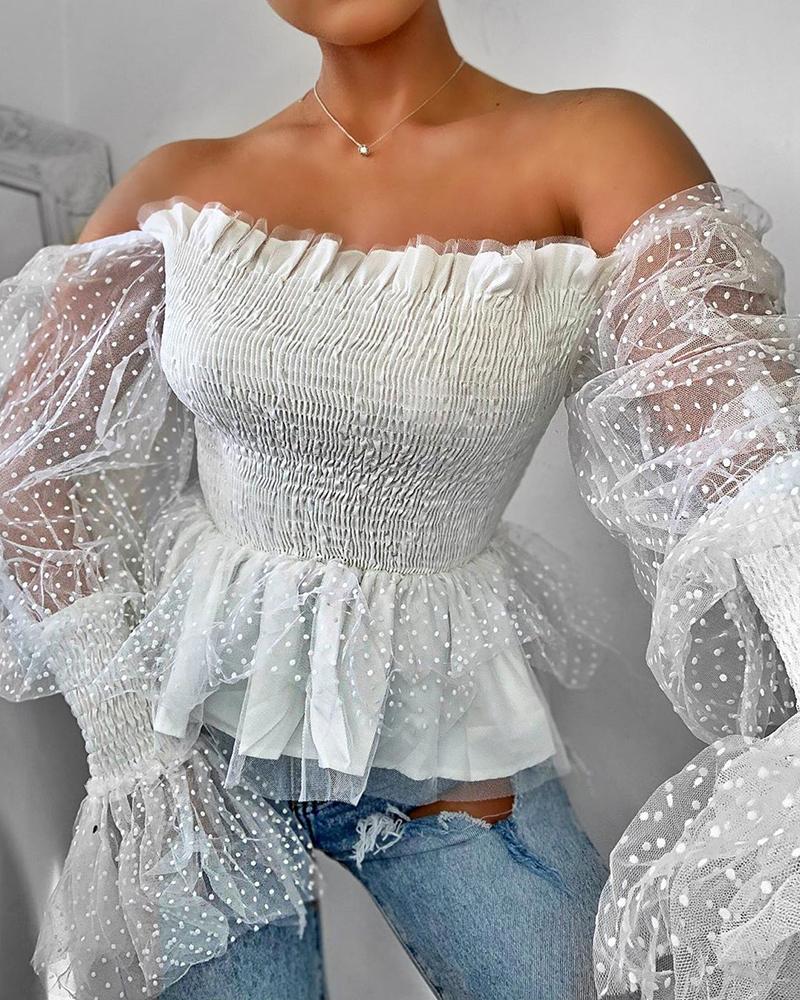 

Off Shoulder Mesh Frill Hem Shirring Blouse, White