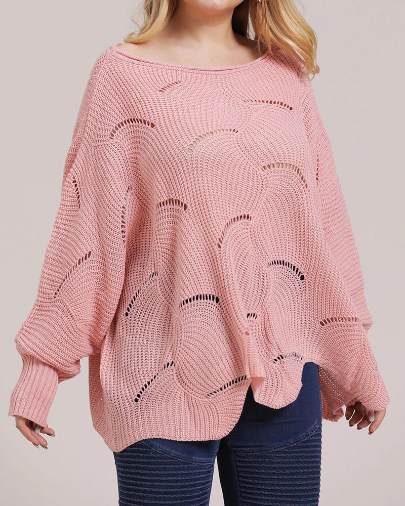 

Plus Size Plain Batwing Sleeve Hollow-out Sweater, Pink