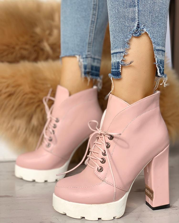 

PU Platform Lace-Up Chunky Heeled Boots, Pink