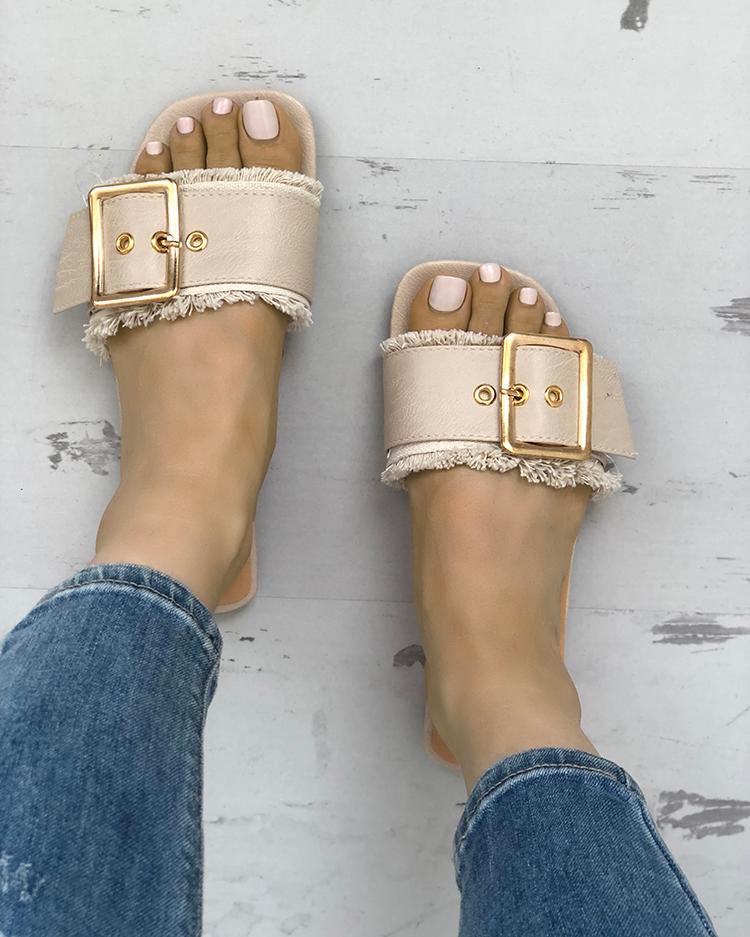 

Trendy Belted Buckle Open Toe Flat Sandals, Apricot