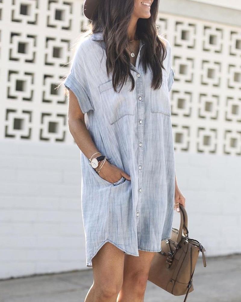 

Button Design Pockets Short Sleeve Shirt Dress, Blue