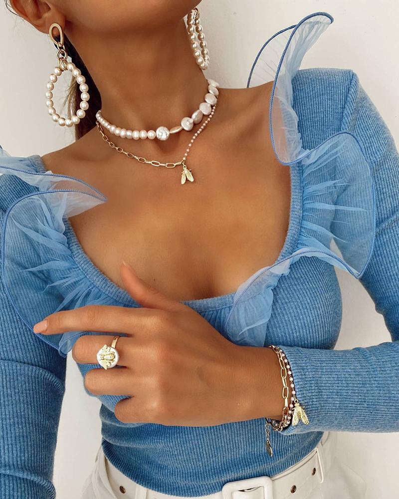 

Sheer Mesh Ruffles Trim Long Sleeve Top, Blue
