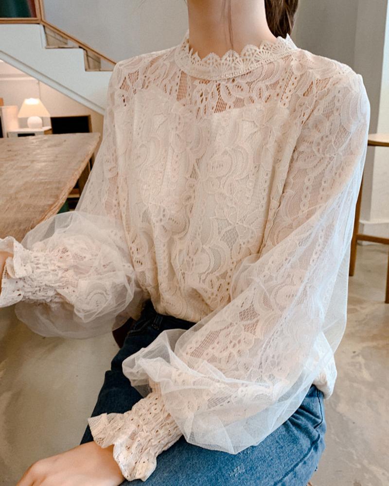 

Lace Embroidery See Through Blouse, White