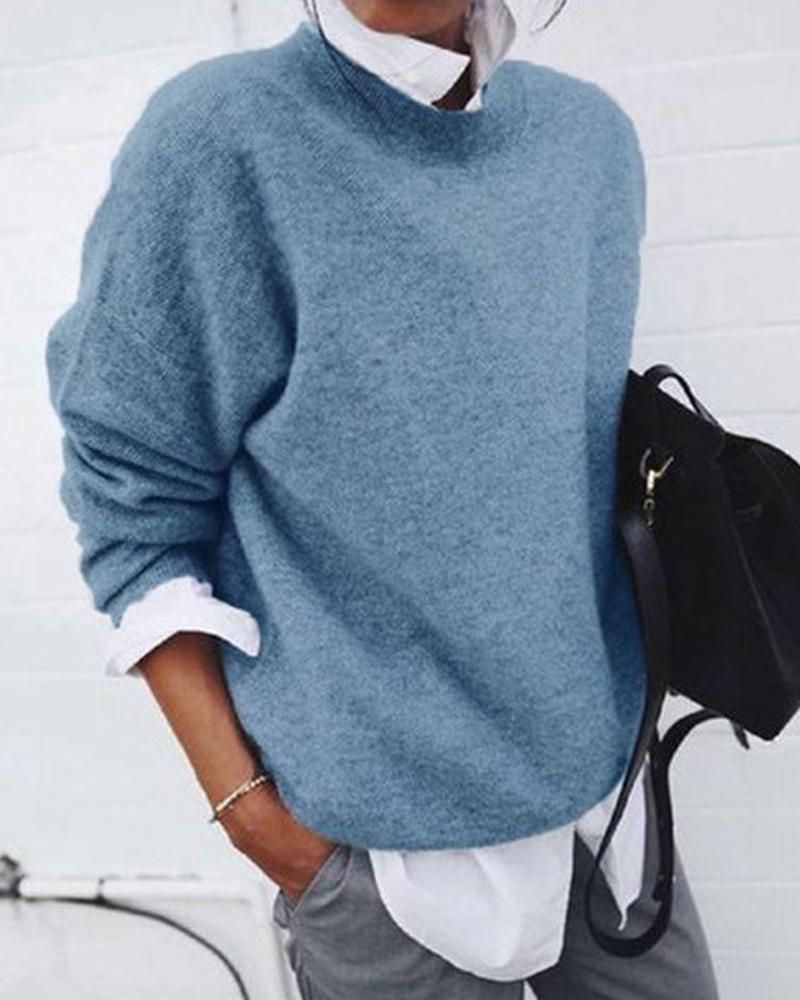

Oversized Round Neck Knitted Pullover, Blue
