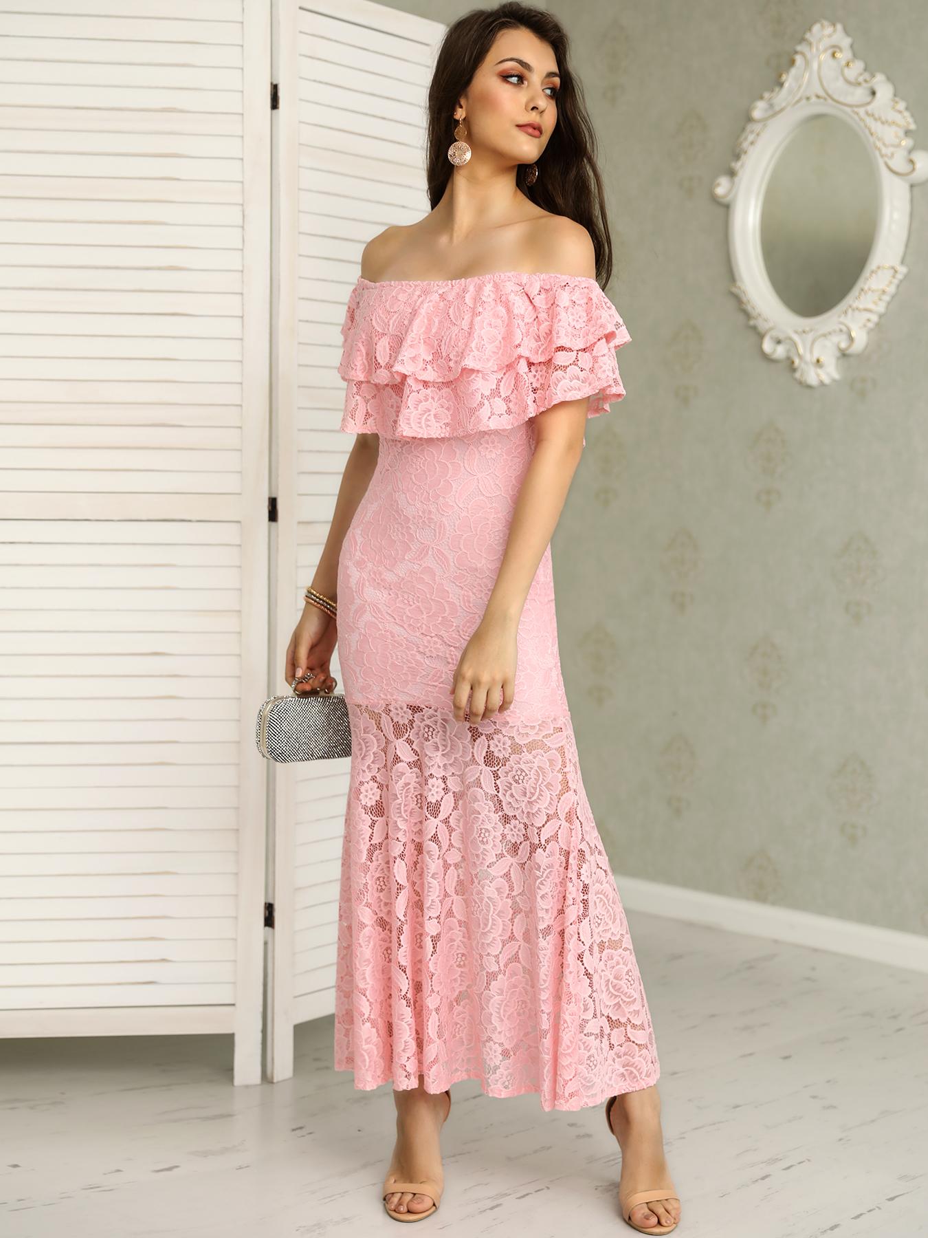 

Solid Lace Ruffles Layered Fishtail Maxi Dress