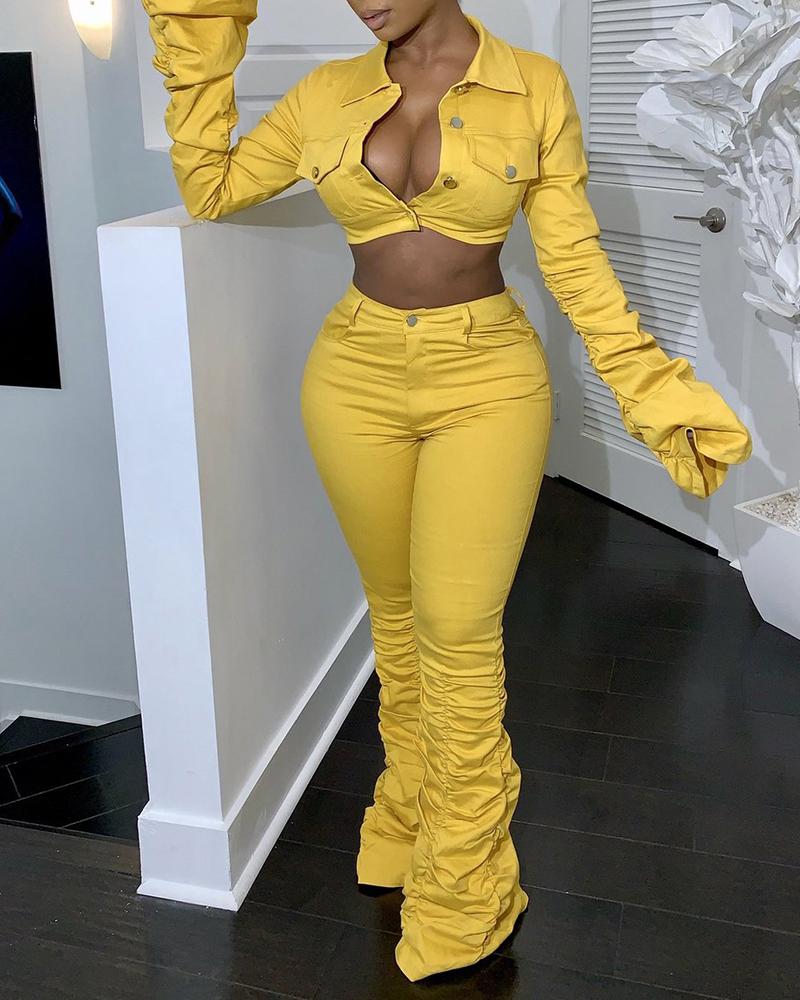 

Solid Pocket Crop Jacket & Bell-bottomed Pants Sets, Yellow