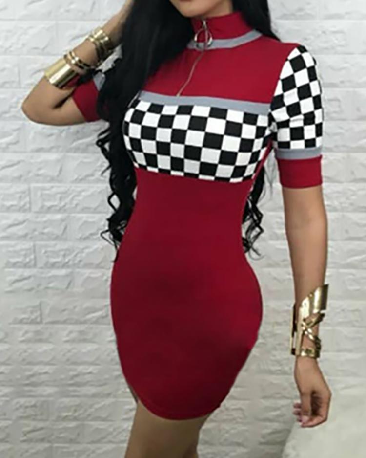 

Checkboard Print Zipper Bodycon Dress, Wine red