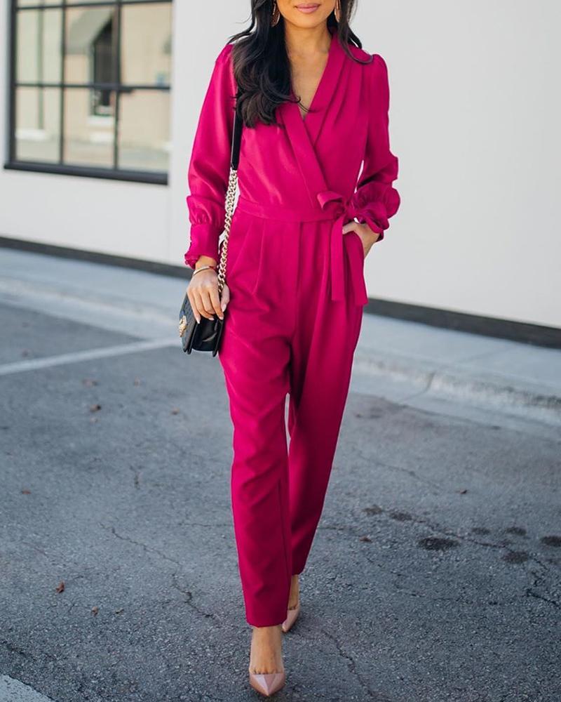 

Long Sleeve V-Neck Jumpsuit, Hot pink