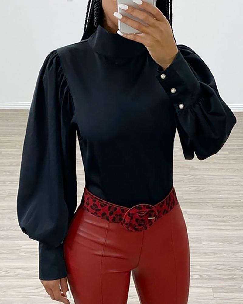 

Buttoned High Neck Lantern Sleeve Blouse, Black