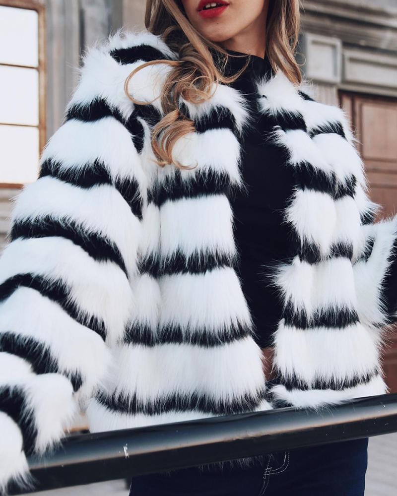 

Faux Fur Striped Coat, White