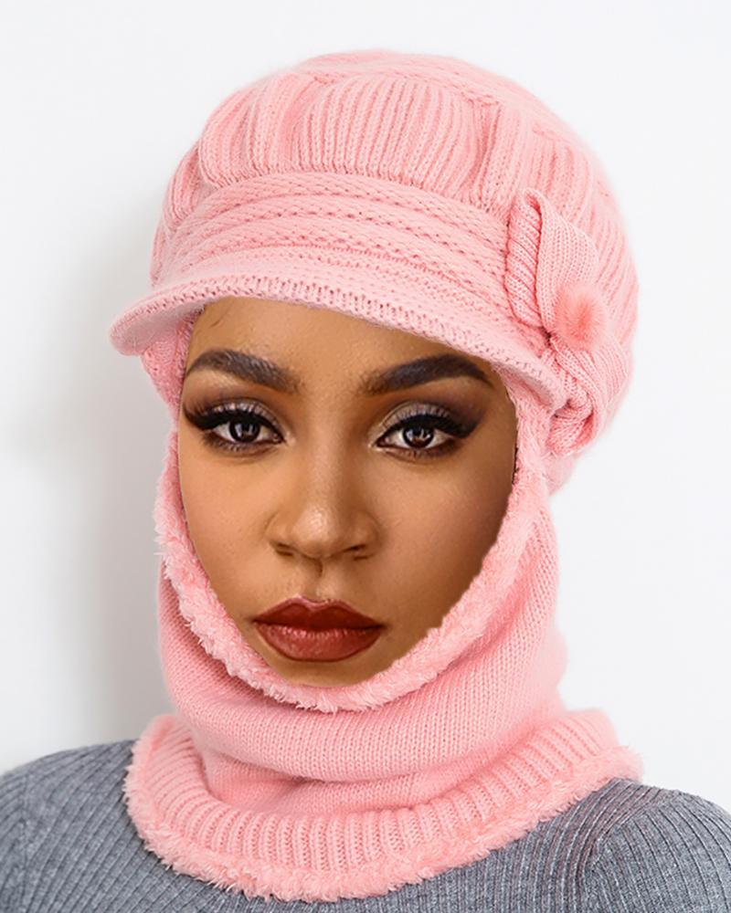 

Bow Pattern Warm Neck Knit Hat Mask Beanie, Light pink