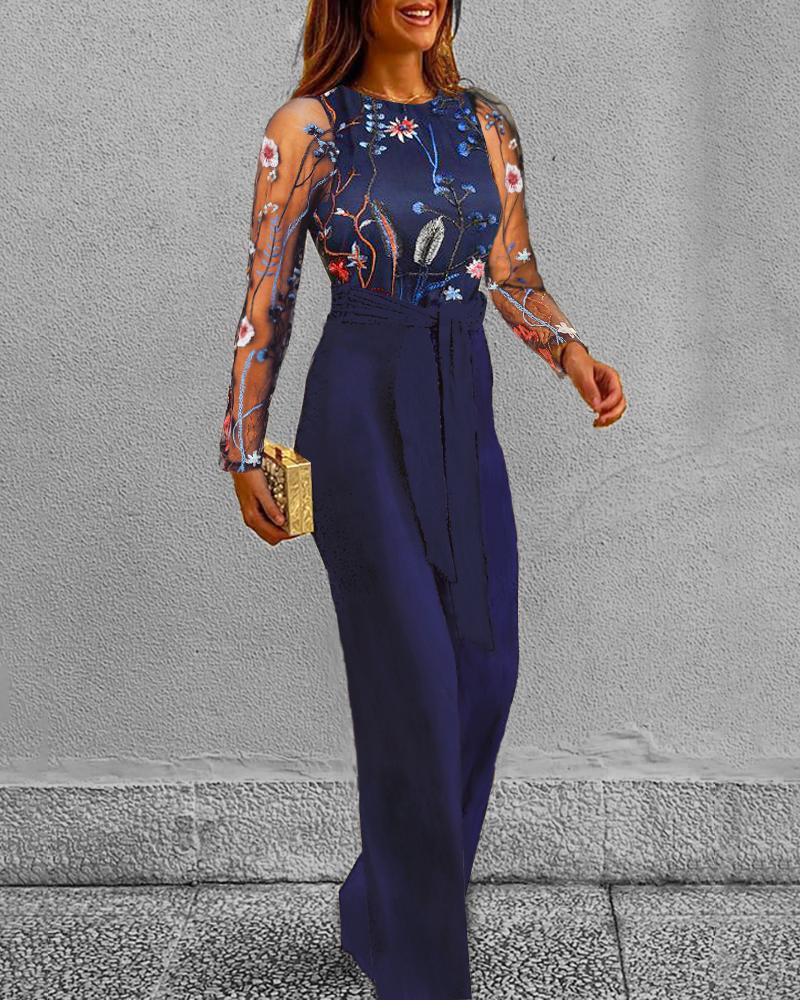 

Mesh Floral Embroidery Jumpsuit, Purplish blue