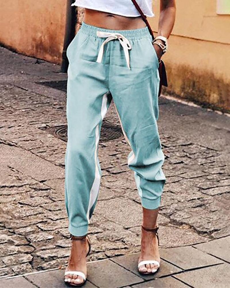 

Colorblock Tape Insert Drawstring Casual Pants, Blue
