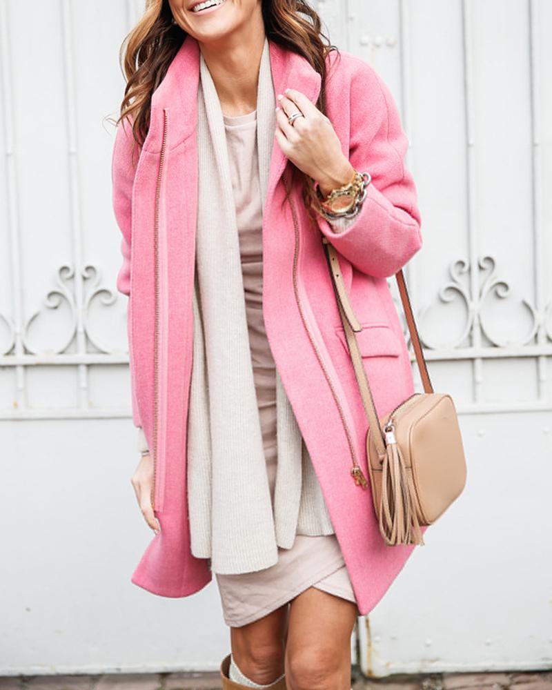 

Solid Stand Collar Zipper Pocket Wool Coat, Pink