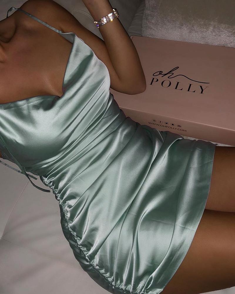 

Satin Spaghetti Strap Ruched Backless Dress, Green