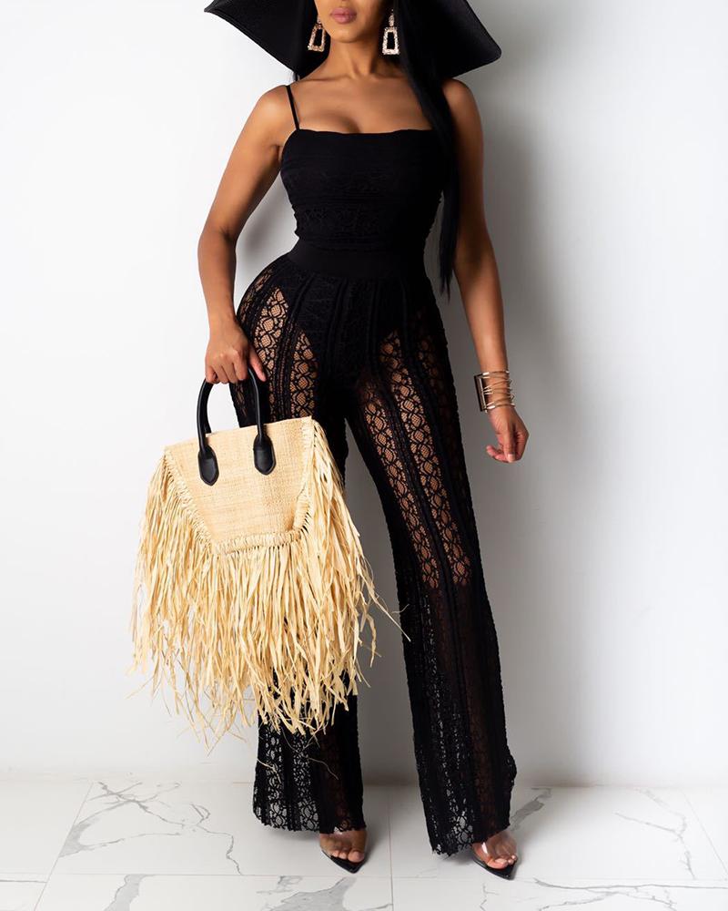 

Spaghetti Strap Lace Insert Mesh Jumpsuit, Black