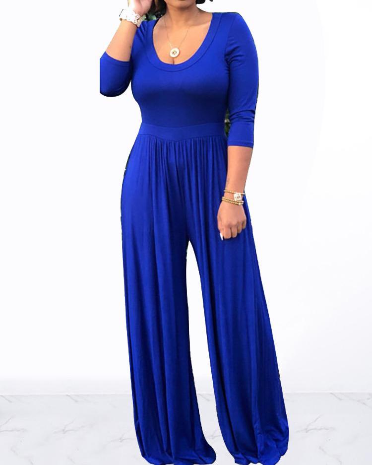 

Solid Long Sleeve Wide Leg Jumpsuit, Blue