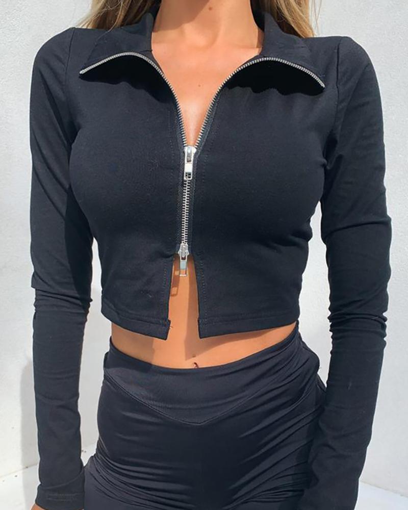 

Solid Zipped Long Sleeve Casual Top, Black