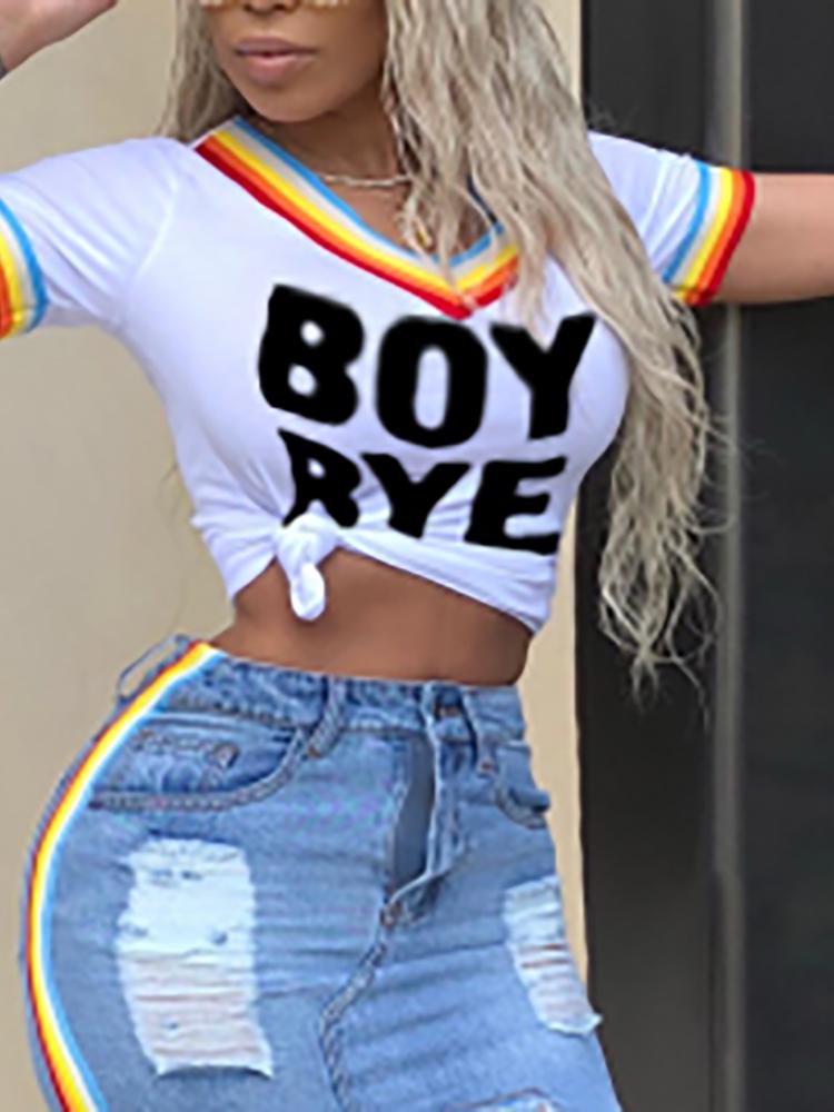 

Letter Print Striped Tape Crop Tee, White