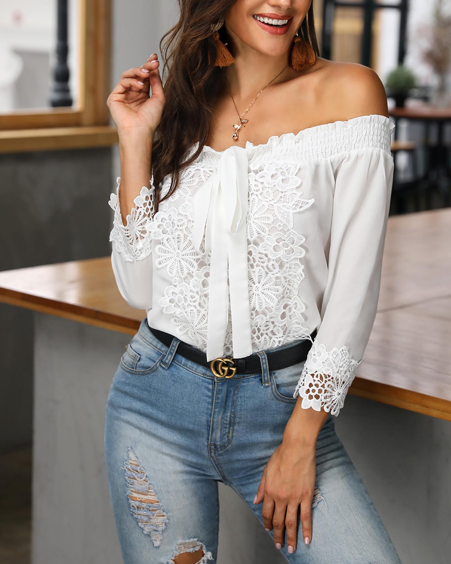 

Shirring Off Shoulder Crochet Lace Detail Blouse, White