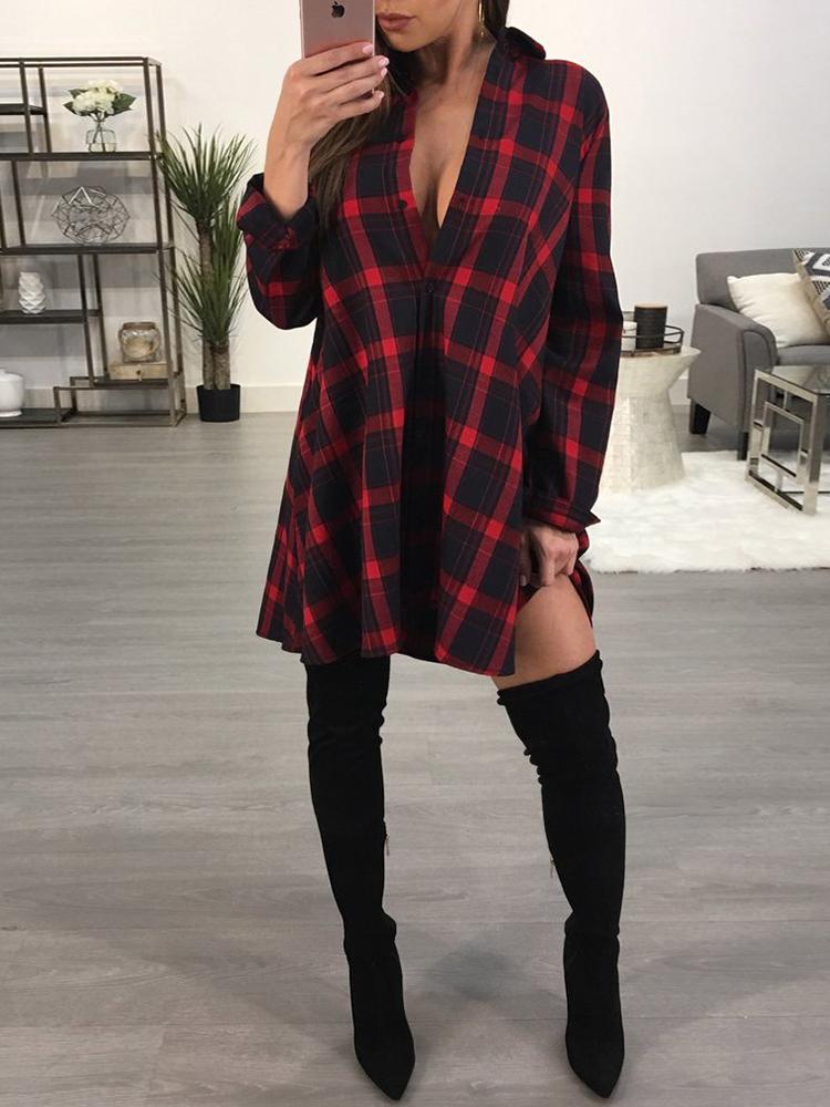 

Plaid Deep V Cure Hem Shirt Dress, Red