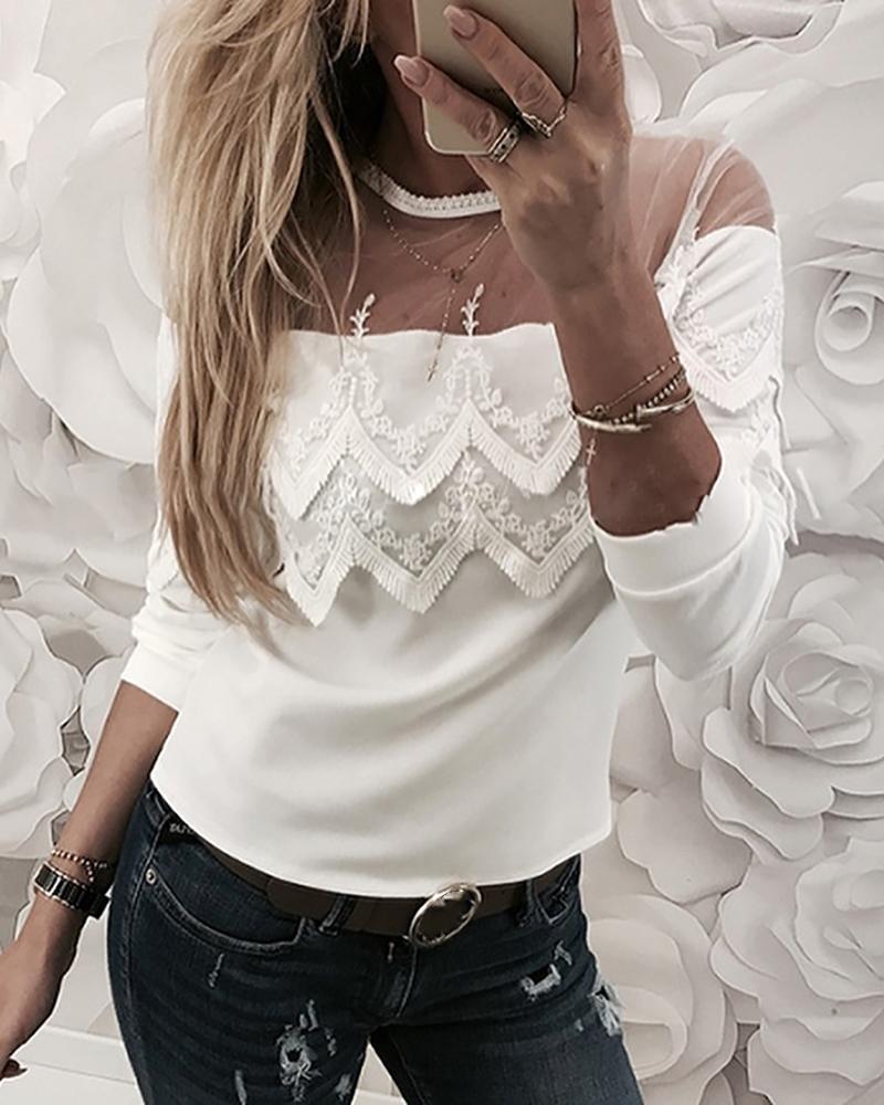 

Mesh Lace Patchwork Long Sleeve Blouse, White