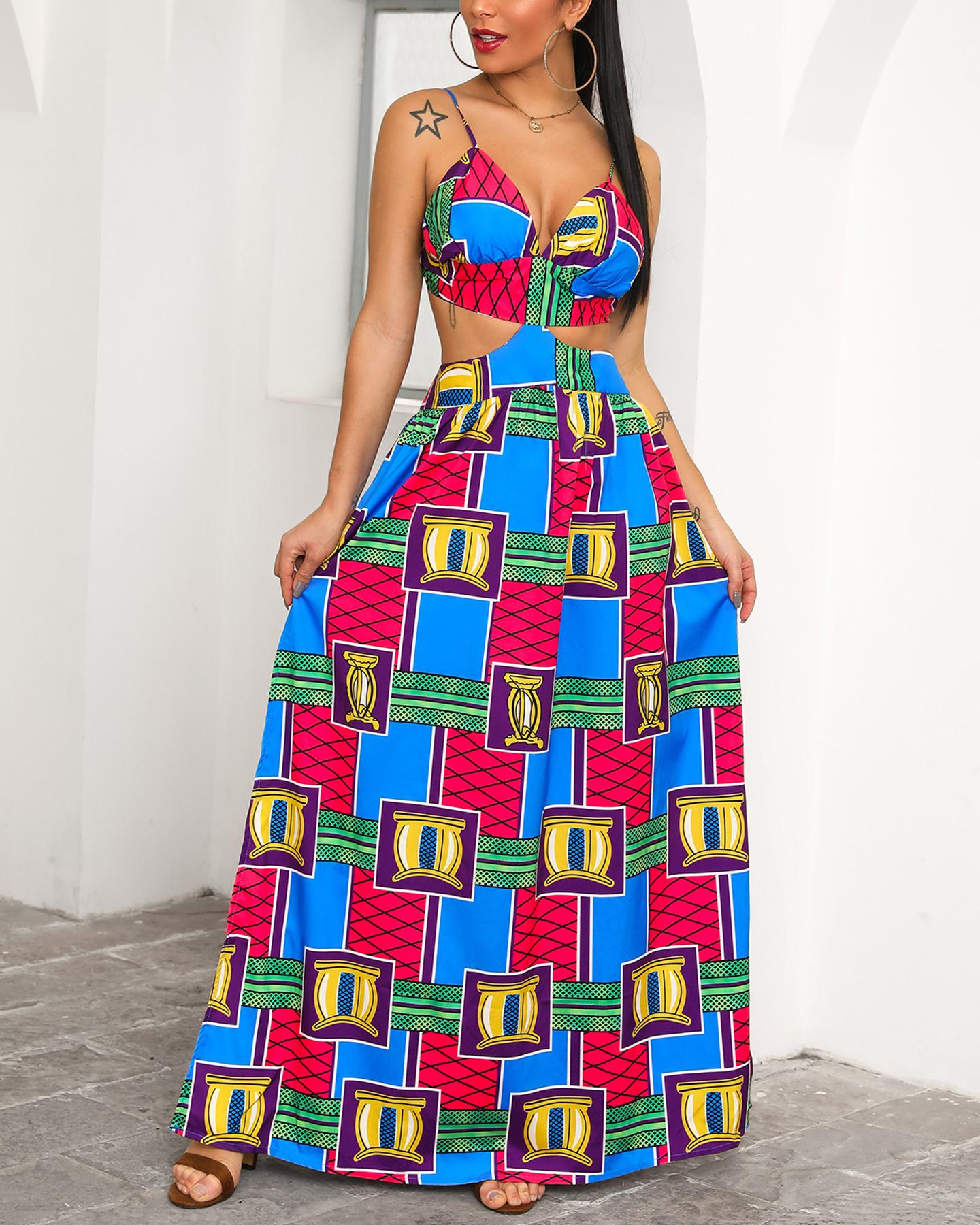 

Digital Print Open Back Slit Maxi Dress