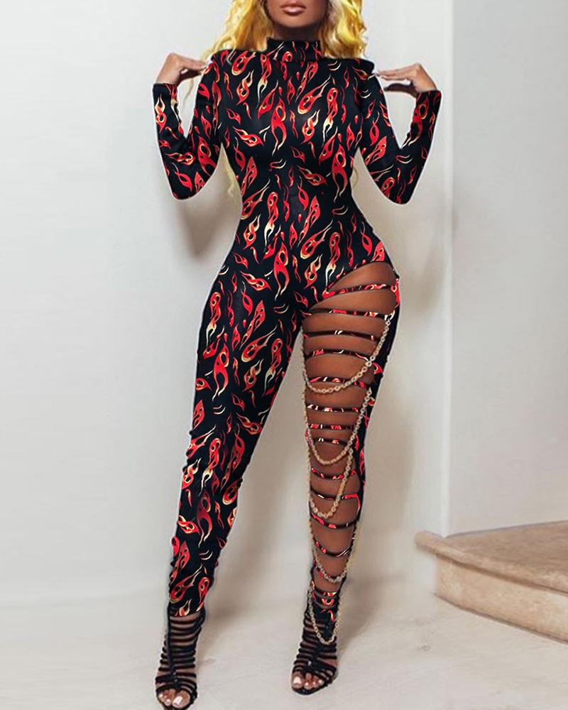 

Flame Print Ladder Cutout Chain Strap Fitted Jumpsuit, Red