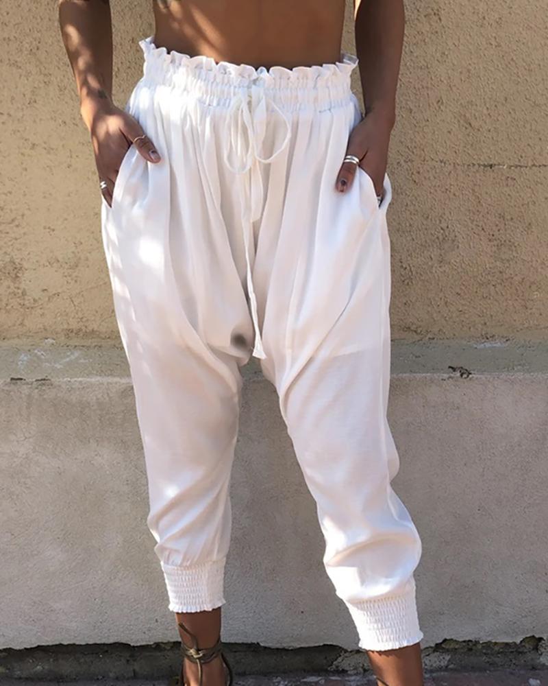 

Drawstring Elastic Waist Casual Pants, White
