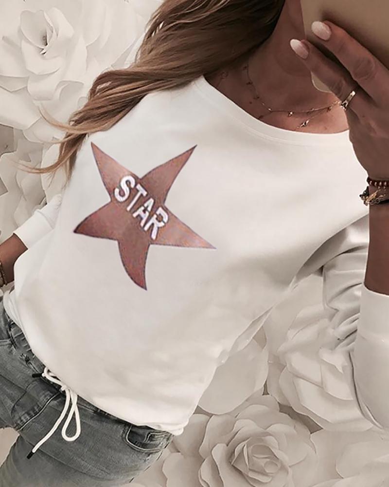 

Star Print Round Neck Long Sleeve T-shirt, White