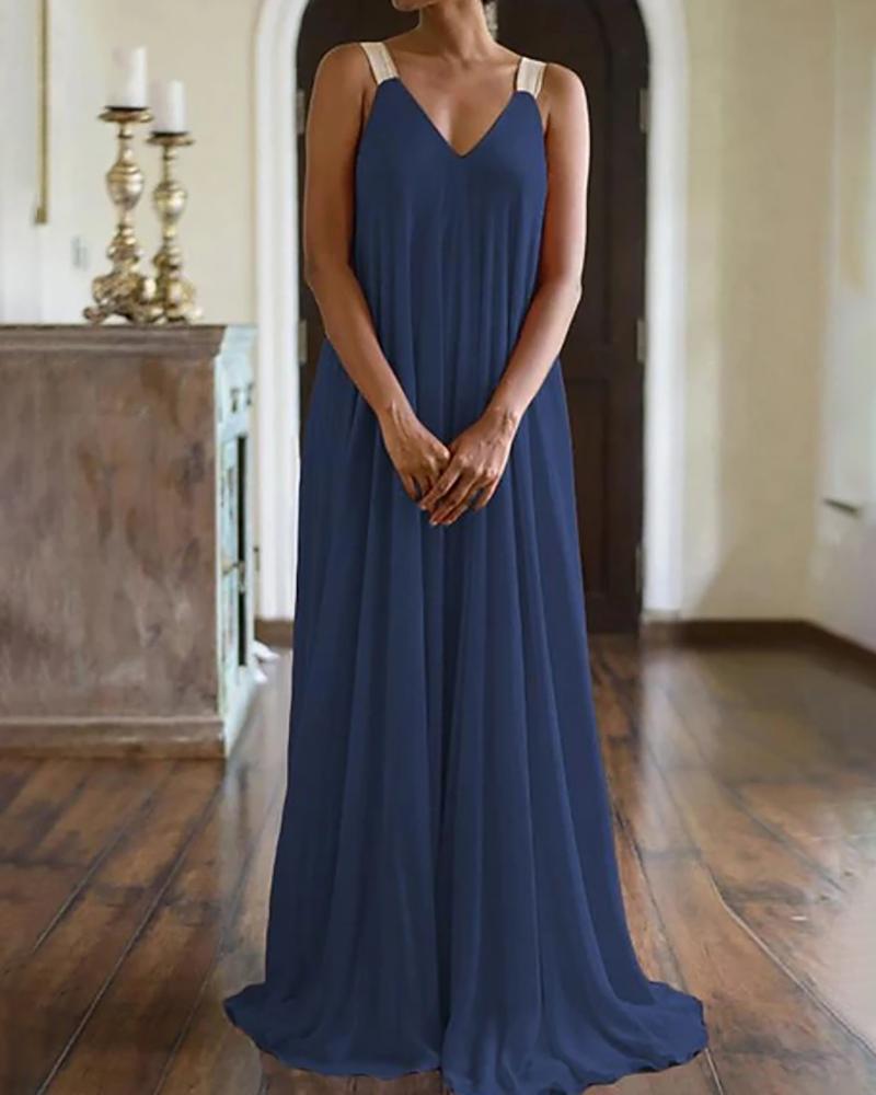 

Colorblock Thick Strap Open Back Ruffles Maxi Dress, Dark blue