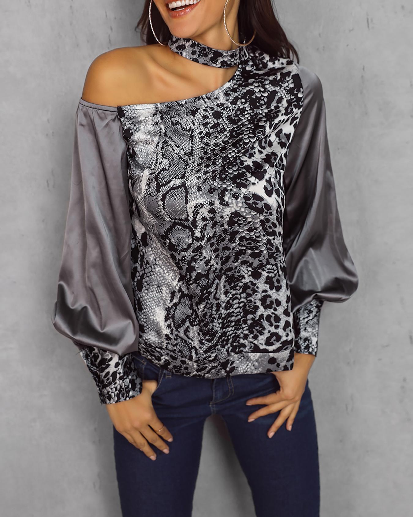 

One Shoulder Snakeskin Print Blouse, Silver