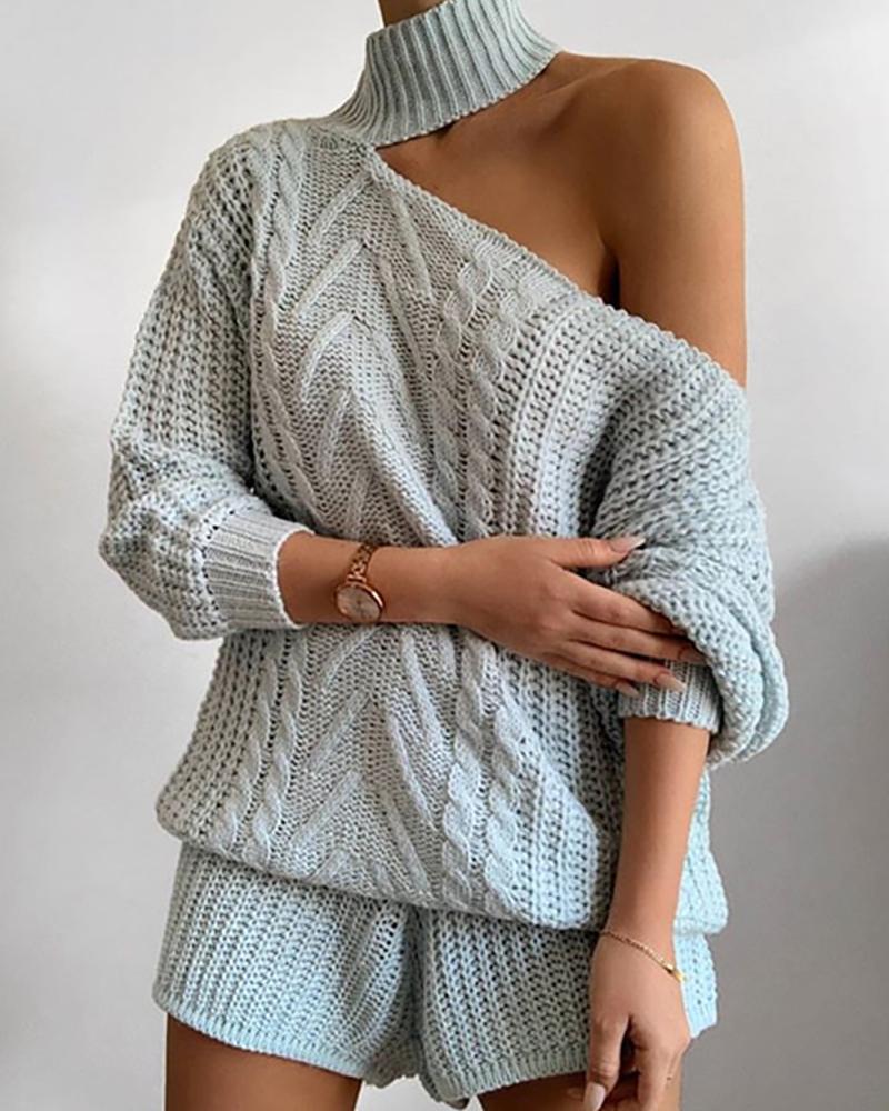 

One Shoulder Solid Cable Knit Sweater & Shorts Set, Light blue