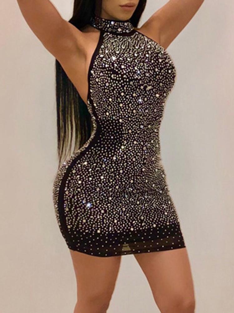

Glittering Halter Backless Bodycon Dress, Black