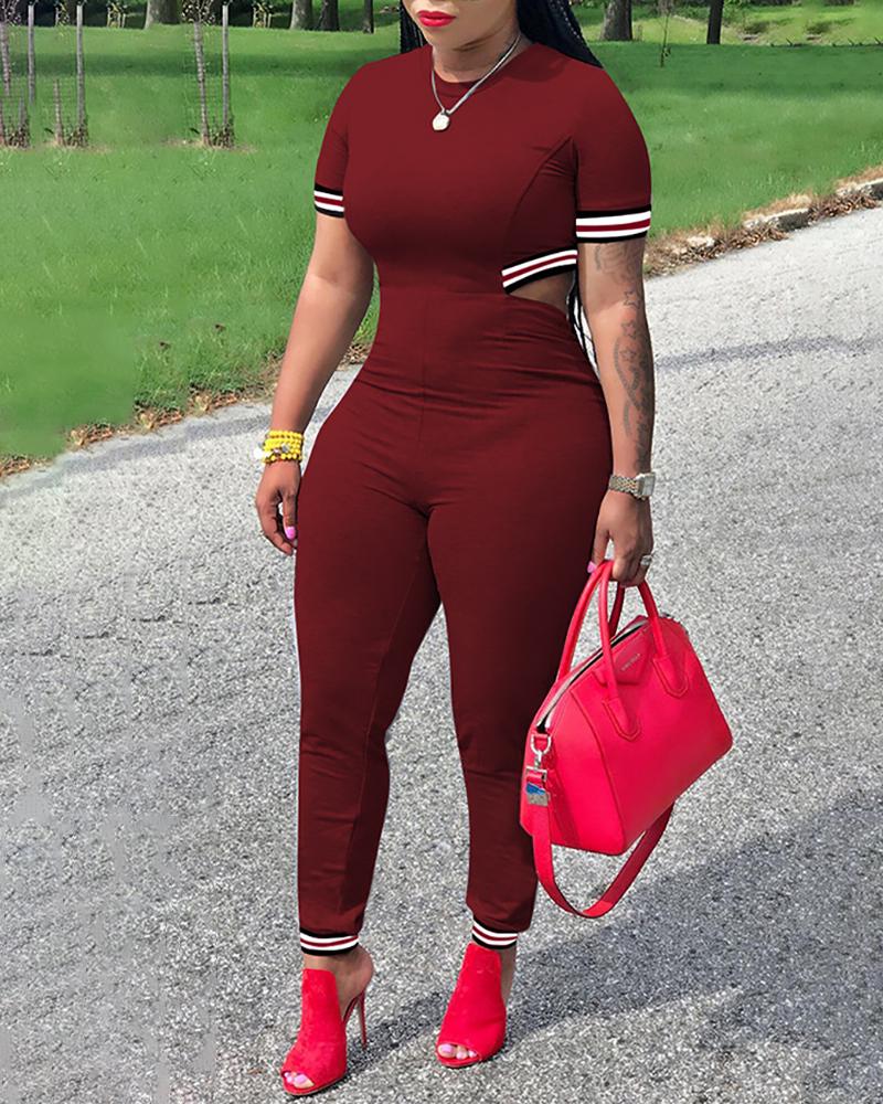 

Striped Tape Insert Cutout Back Jumpsuit, Wine red