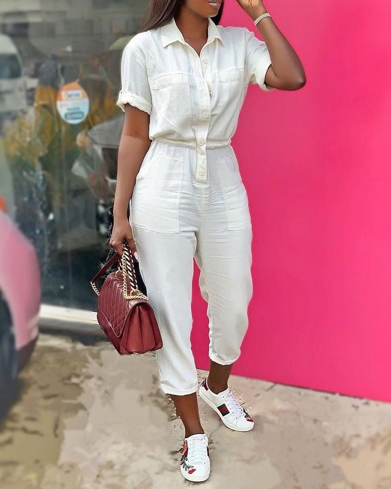 

Short Sleeve Buttoned Drawstring Waist Cargo Jumpsuit